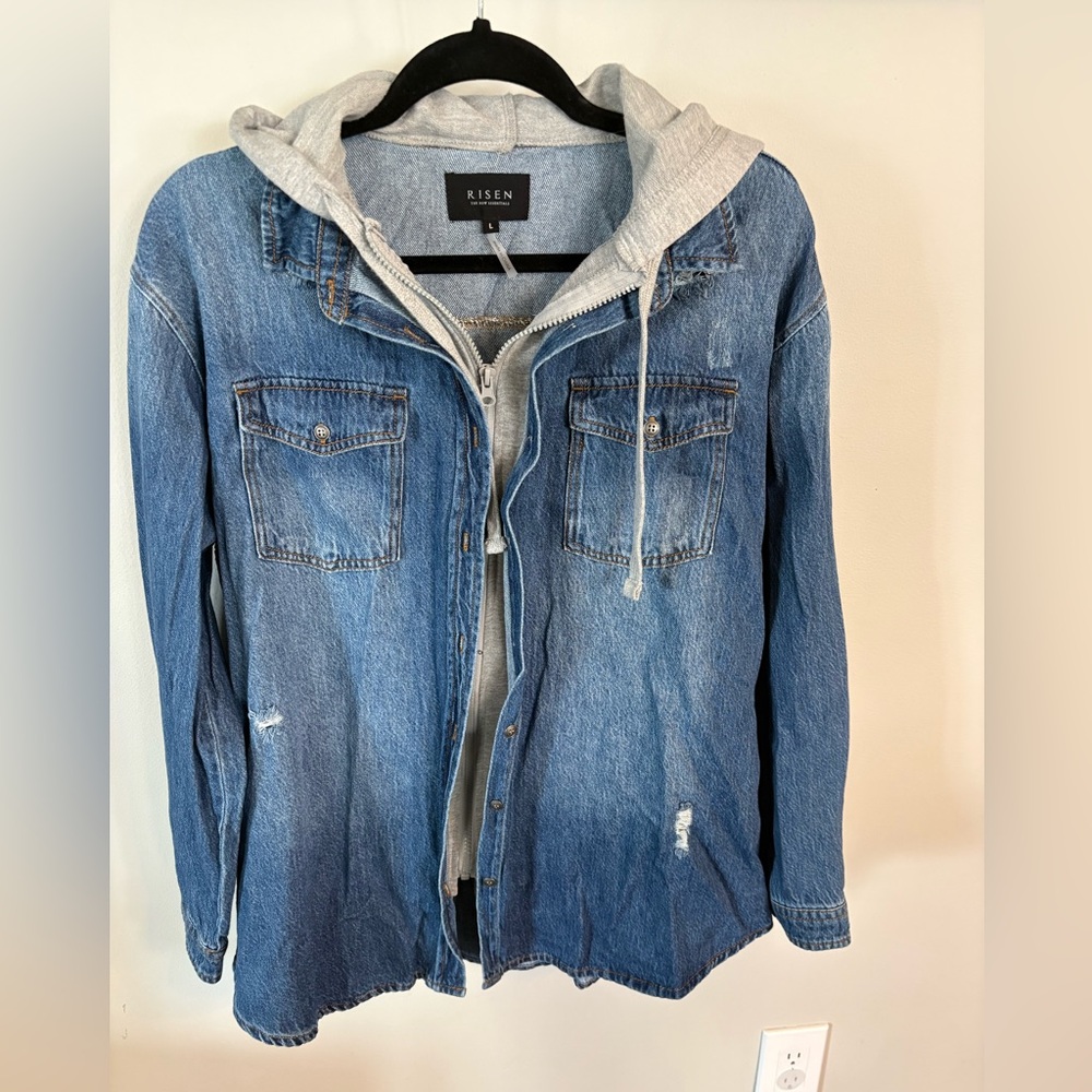 Women’s Risen Blue Denim layered Jacket with Gray Hoodie, L